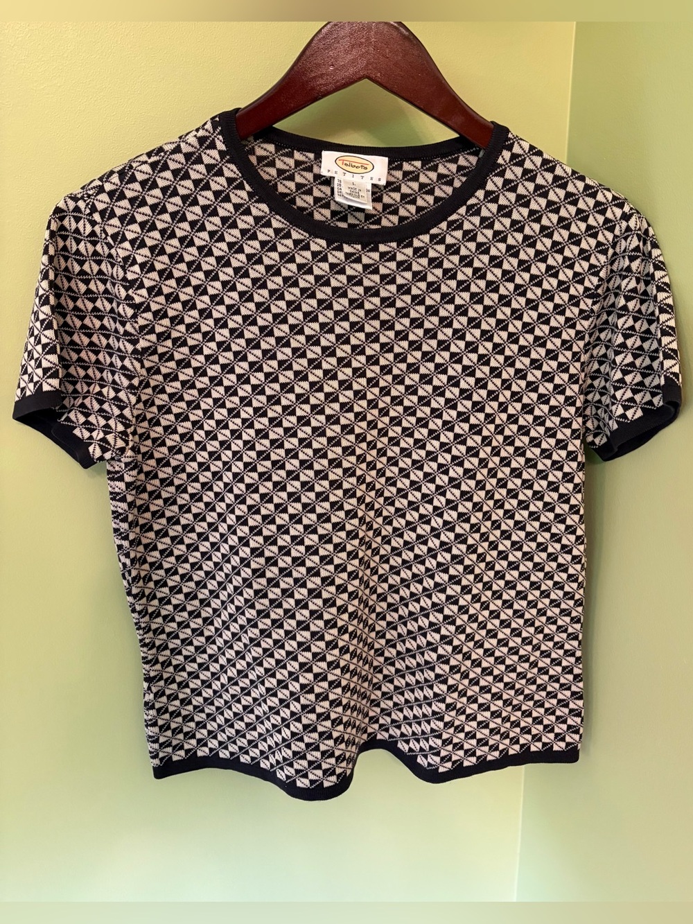 TALBOTS Silk Cotton Short Sleeve Knit Top Sweater Size Petite L Geometric